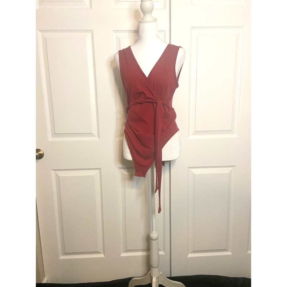 Shein Womens Rust Red Sleeveless Wrap Tie Front Bodysuit V-Neck Size Large